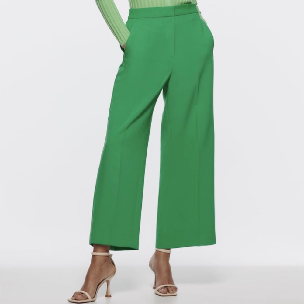Zara Cropped Wide-Leg High-Rise Pants Trousers Culottes Kelly Green M